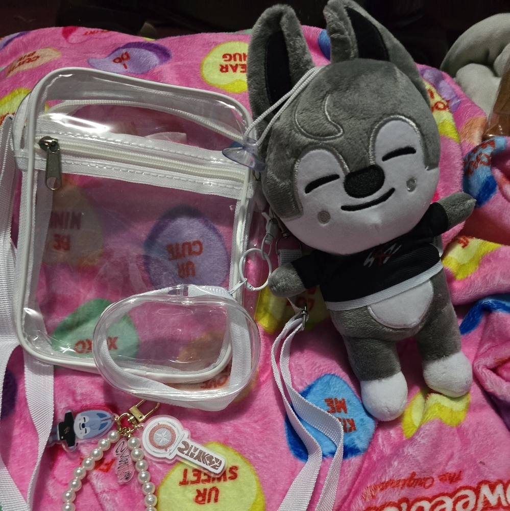 Clear Crossbody Bag with Plushy WolfChan and Accessories